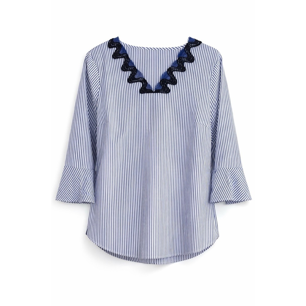 Talbots Blue White Striped Blouse Women's Medium 3/4 Sleeve Flare Cuff Top